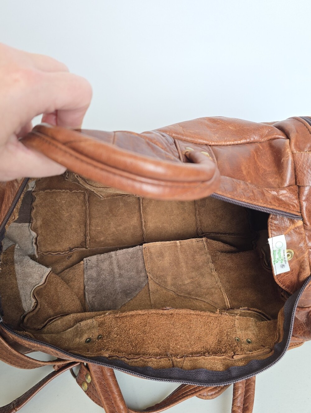 Vintage Made in Mexico Patchwork Distressed Finish Leather Duffle Weekender Bag - Picture 10 of 16